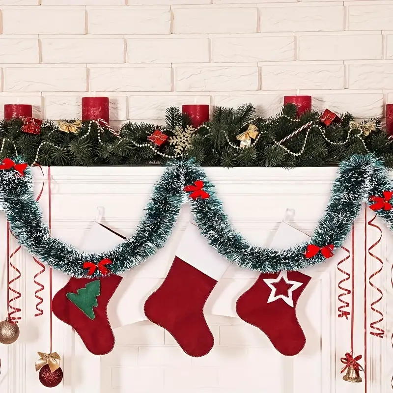 Tegooe Classic Christmas Tinsel Garland and Red Bow Set - Festive Tree Hanging Decorations