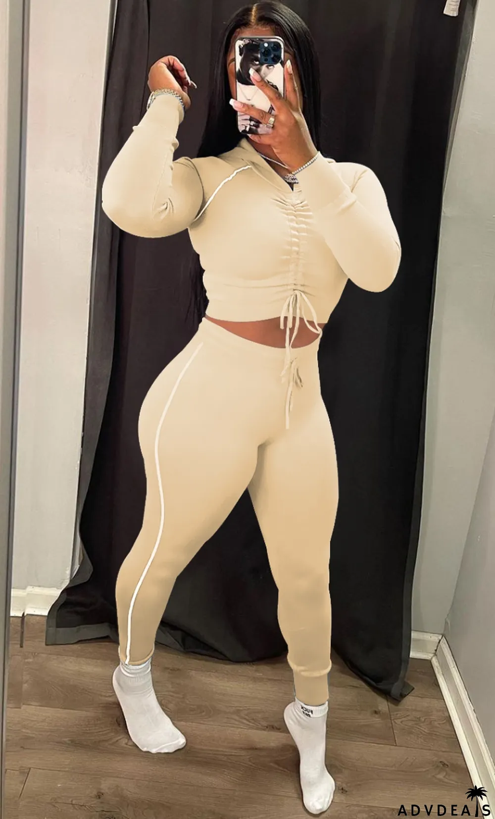 Fall Casual Kahaki Line Lace Up Long Sleeve Crop Top And Pant Tracksuit Set