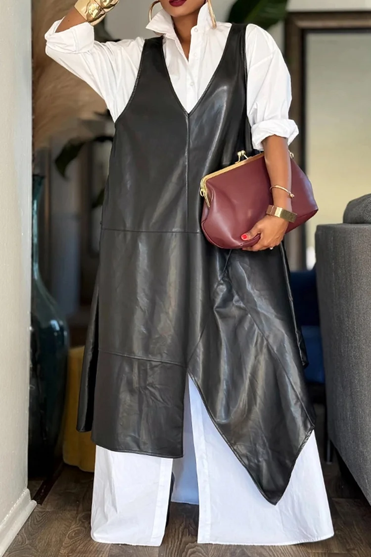 Plus Size Business Casual Black V Neck Asymmetric Hem Irregular Hem Casual PU Leather Midi Dresses 2024 - Xpluswear