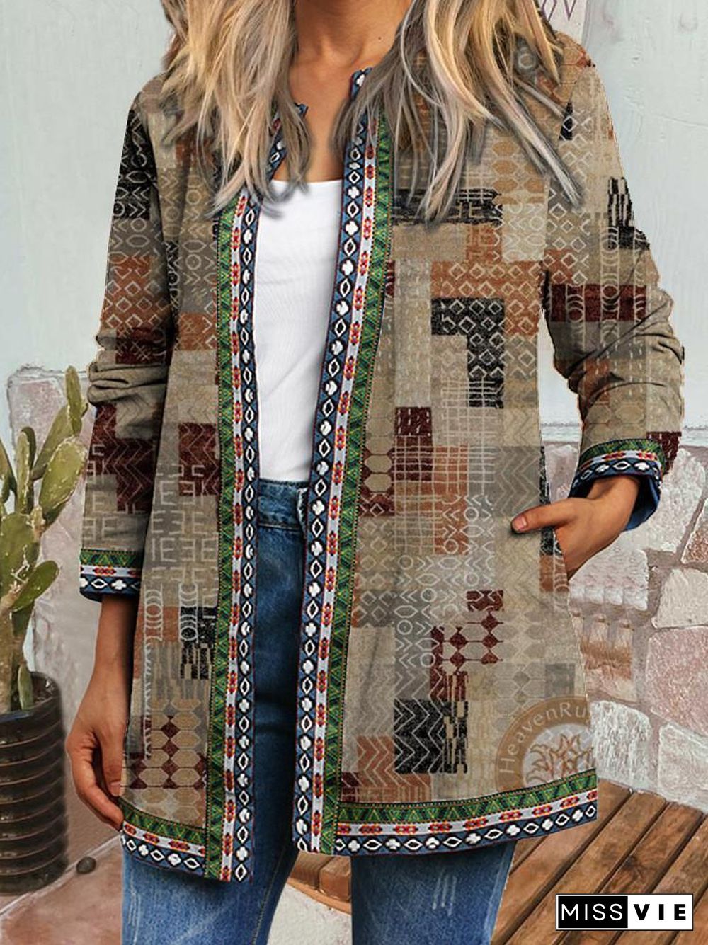 Women Long Sleeve Scoop Neck Polka Dot Geometric Stitching Coat