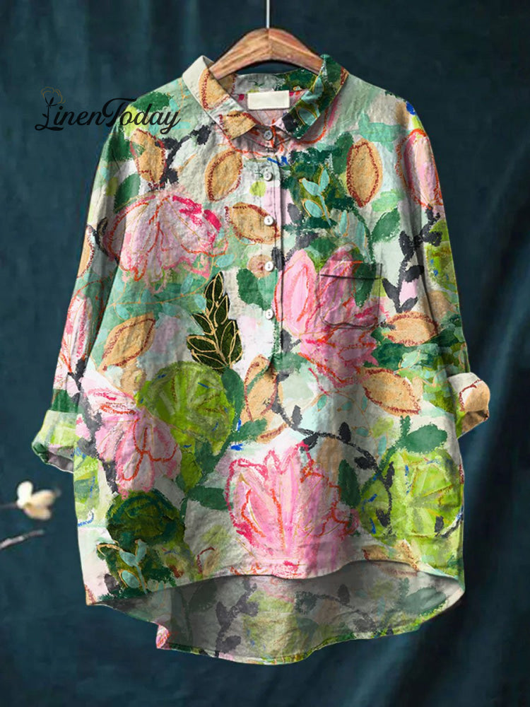Women’s Flower Print Casual Cotton And Linen Shirt Multicolor / S