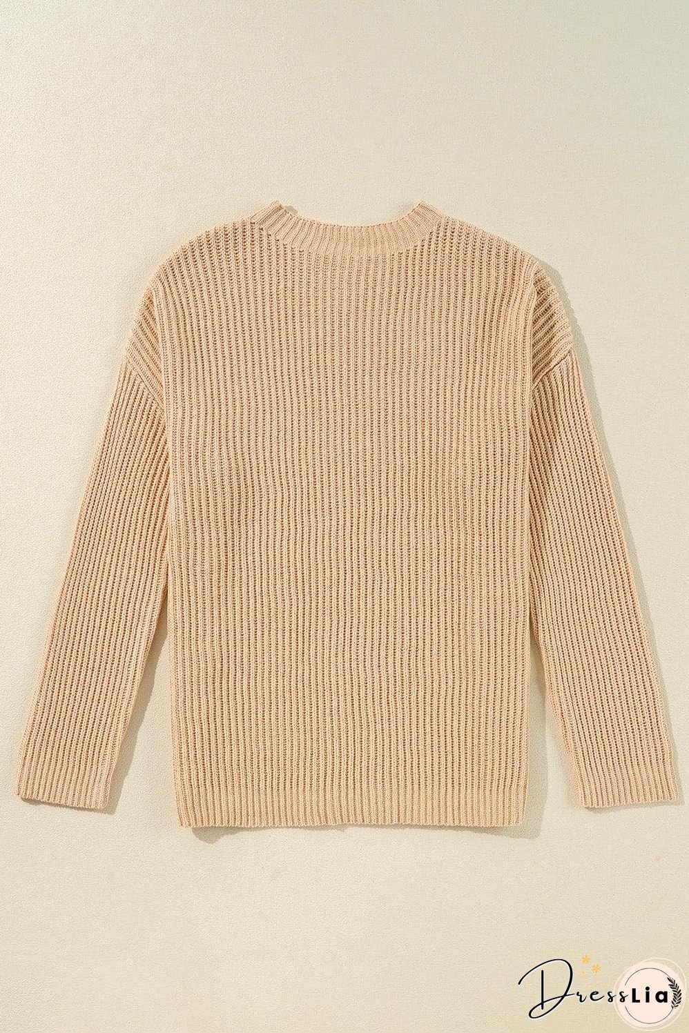 Apricot Cable Knit Drop Shoulder Side Slits Loose Sweater