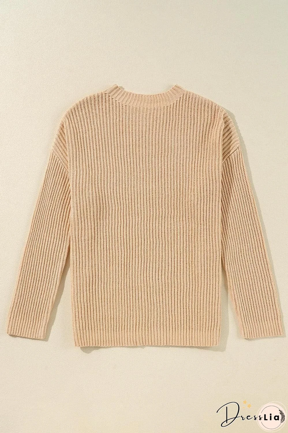 Apricot Cable Knit Drop Shoulder Side Slits Loose Sweater