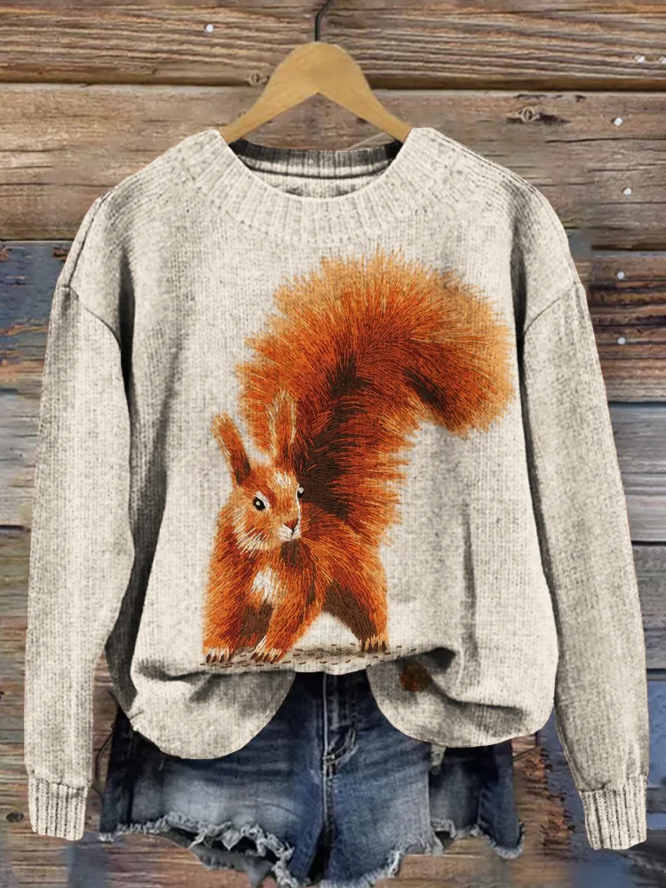 Comstylish Cute Squirrel Embroidery Art Vintage Cozy Sweater