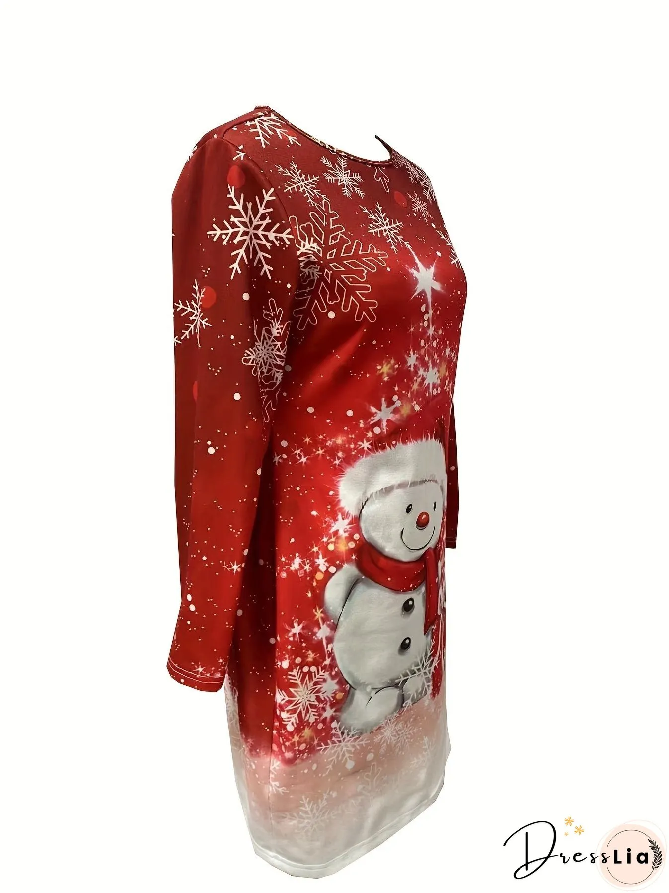 Snowman Print Long Sleeve Dress, Casual Crew Neck Dress For Spring & Fall, Women's Clothing