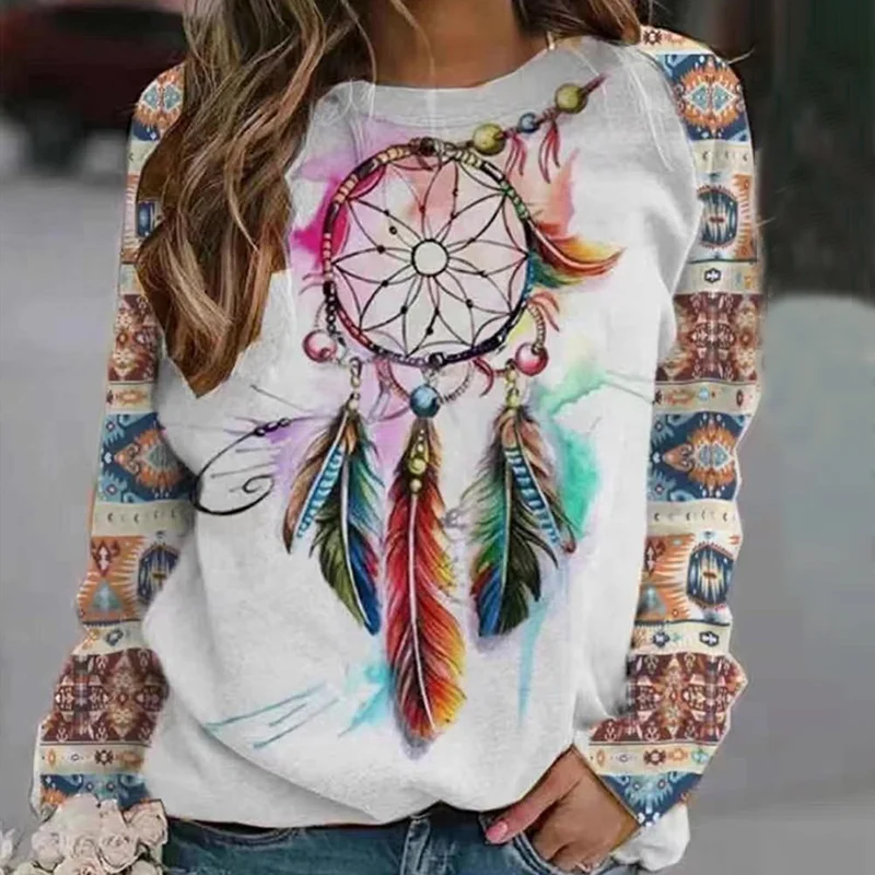 Crew Neck Dream Catcher Feather Print T-Shirt
