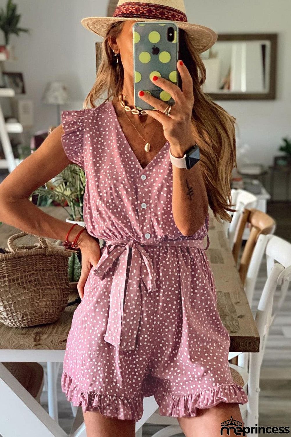 Dotted Print V Neck Romper with Waist Tie