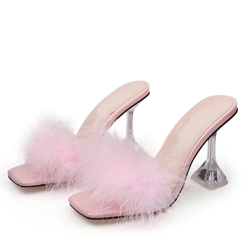 Summer Woman Pumps Transparent Perspex High Heels Fashion Color Feather Fur Peep Toe Mules Slippers Ladies Slides Shoes Sandals