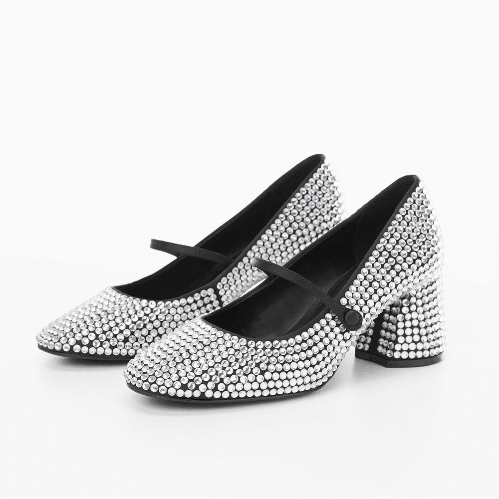 Silver Rhinestone Round Toe Chunky Heel Mary Jane Pumps Nicepairs