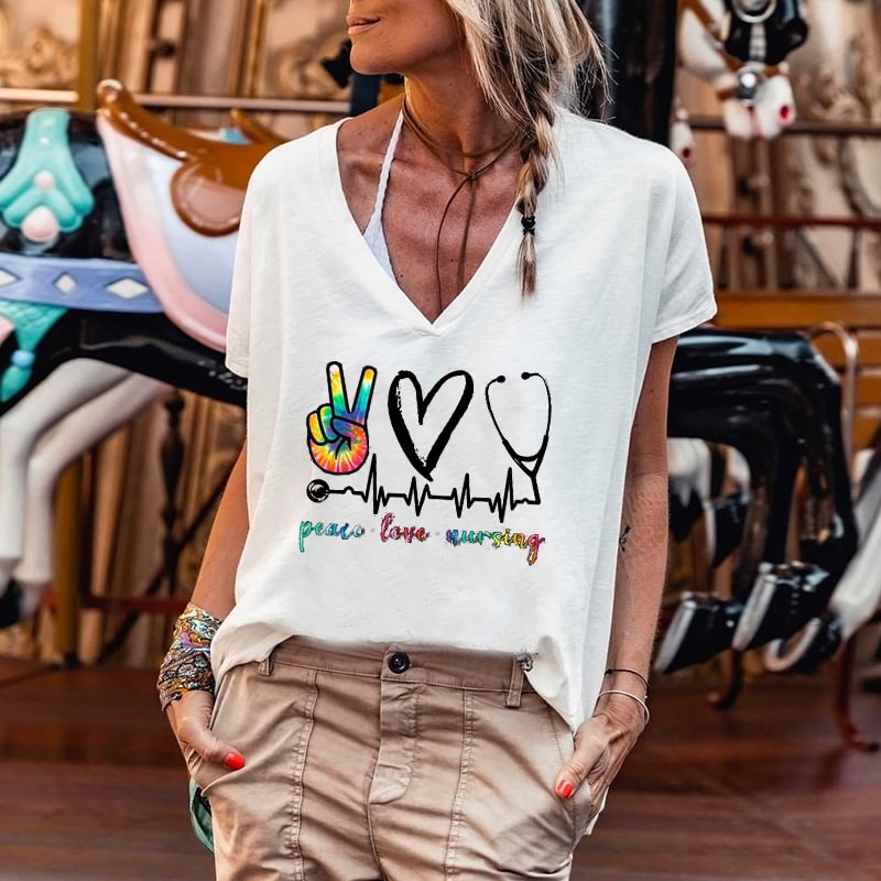 Peace Printed Women's V-neck Short-sleeved T-shirt