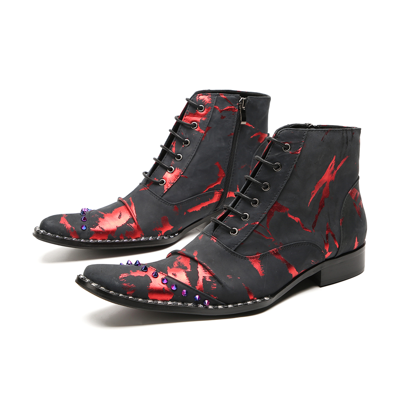 VCSHOES Leisure Pointed Toe Party Shoes Print Night Club Oxfords Boots Italian Cow Leather Man Brogue Boots