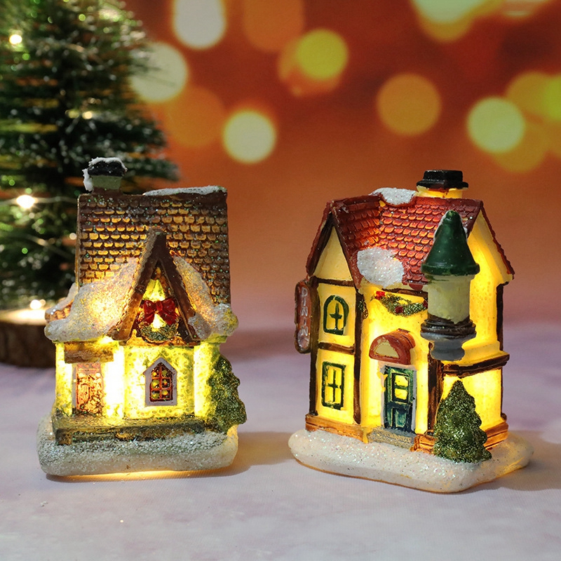 Tegooe Hand-Painted Christmas Village House LED Light Decoration - Resin Ornament