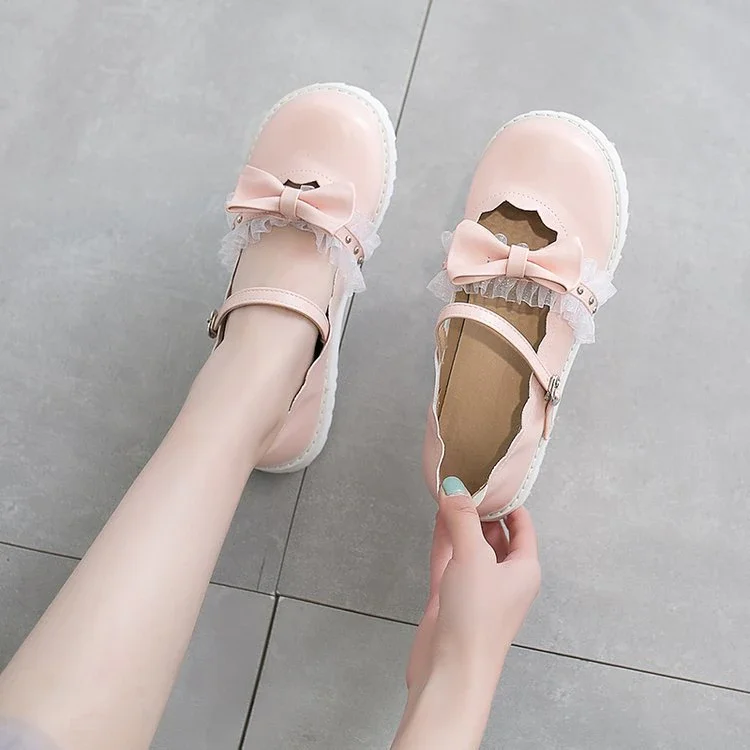 Qengg sweet lolita shoes pink white red black bow Harajuku heels women cute shoes korean women shoes round head kawaii shoes