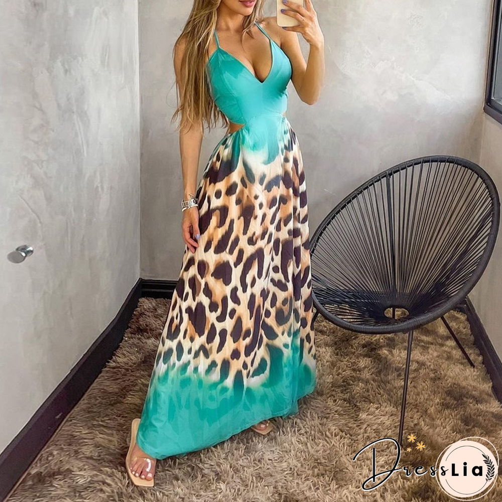 Women's New Dress Deep V Neck Sling Long Dress Floral Print Holiday Casual Long Skirt