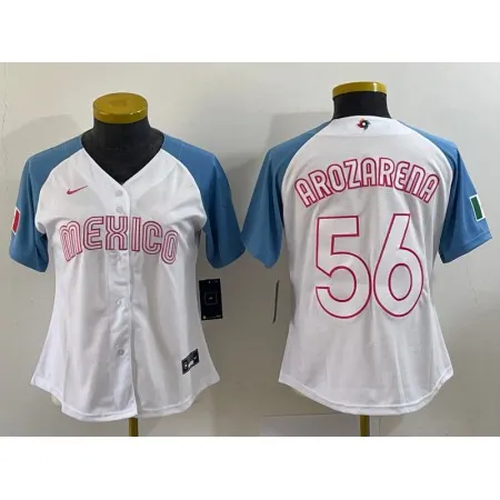 Women's Mexico Baseball #56 Randy Arozarena 2023 White Blue World Baseball Classic Stitched Jersey(Run Small) CV96