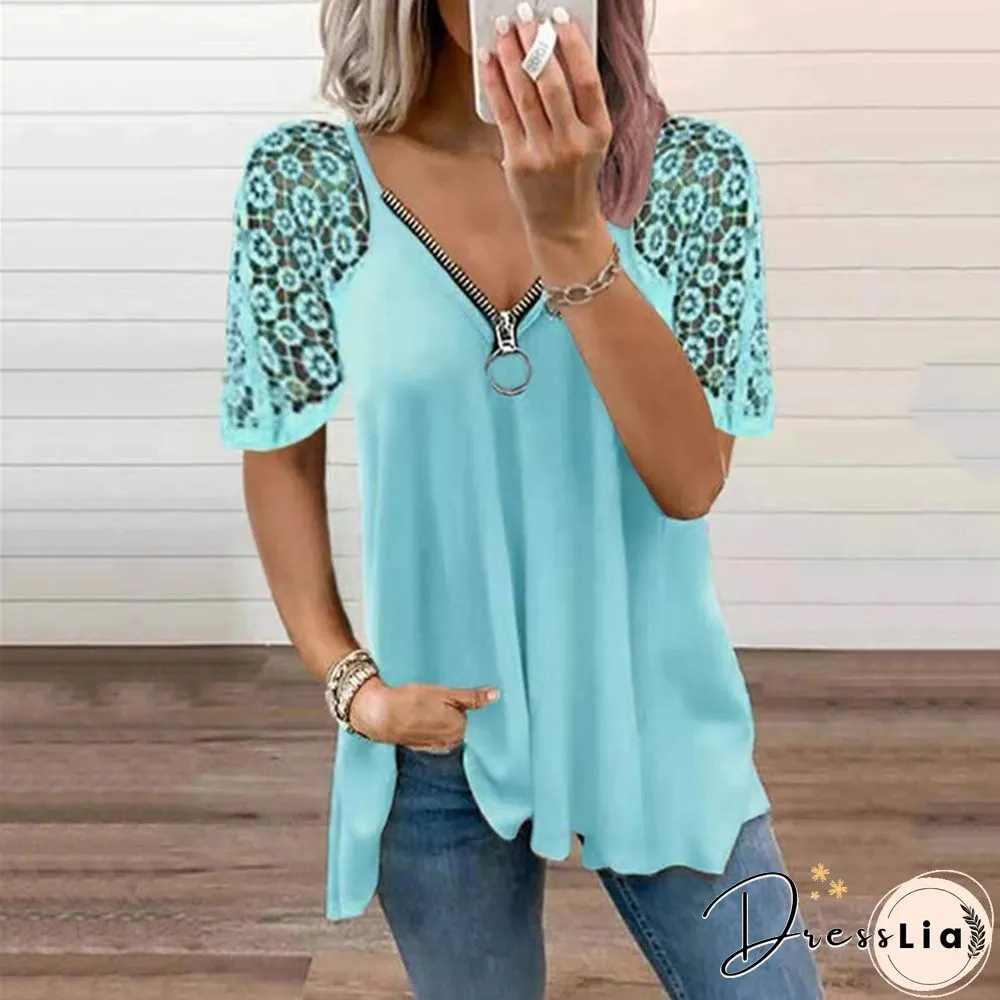 Summer Womens Lace Stitching Short Sleeve Tops Solid Color Loose T-Shirt Fashion Casual
