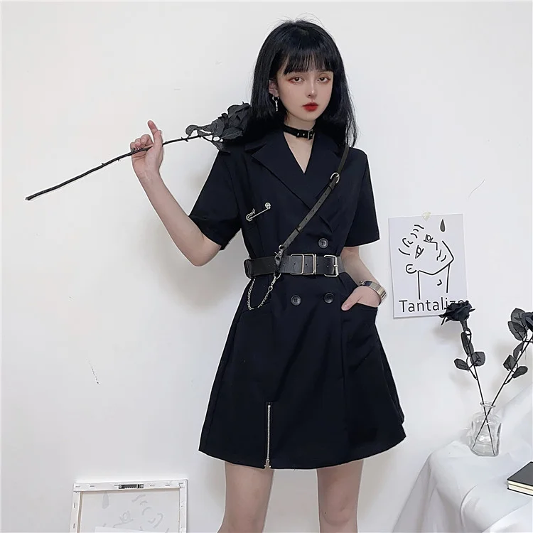 DOUBLE BREASTED ZIP-SLIT SHORT SLEEVE SUIT DRESS WITH BELT