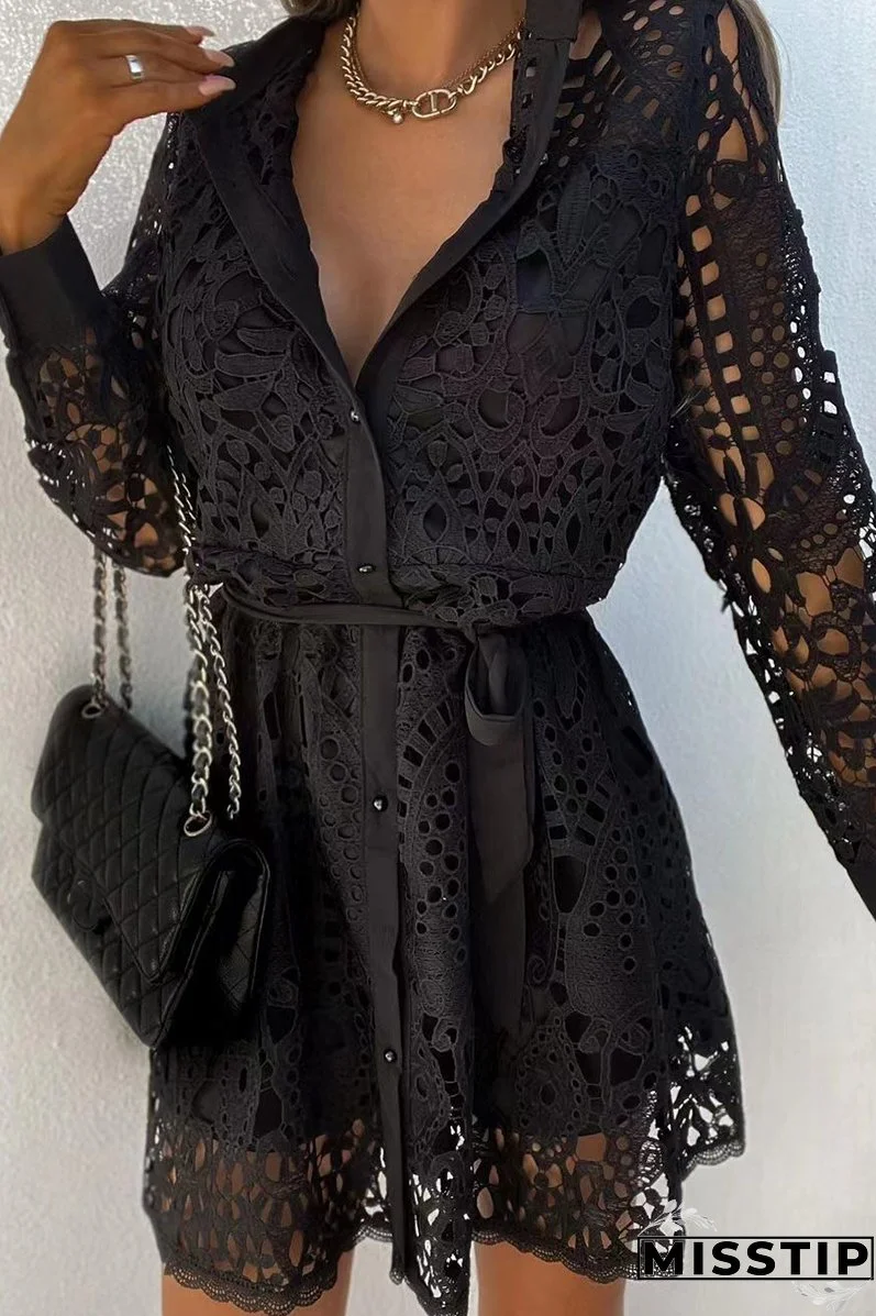 Casual Solid Lace Turndown Collar Waist Skirt Dresses(3 Colors)