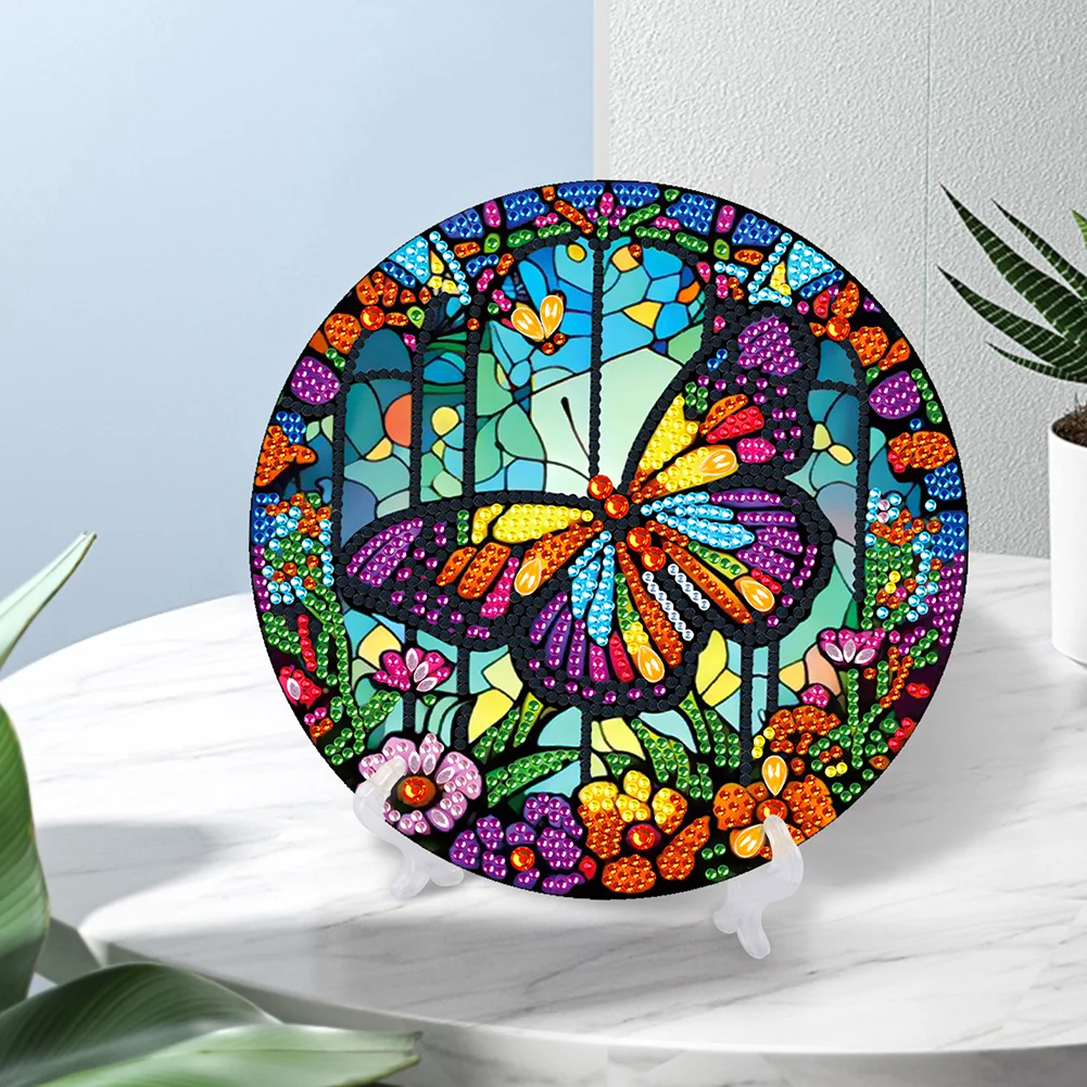 DIY Stained Glass Butterfly Diamond Painting Wooden Single Side Crystal Painting Desktop Kit for Home Office Decor