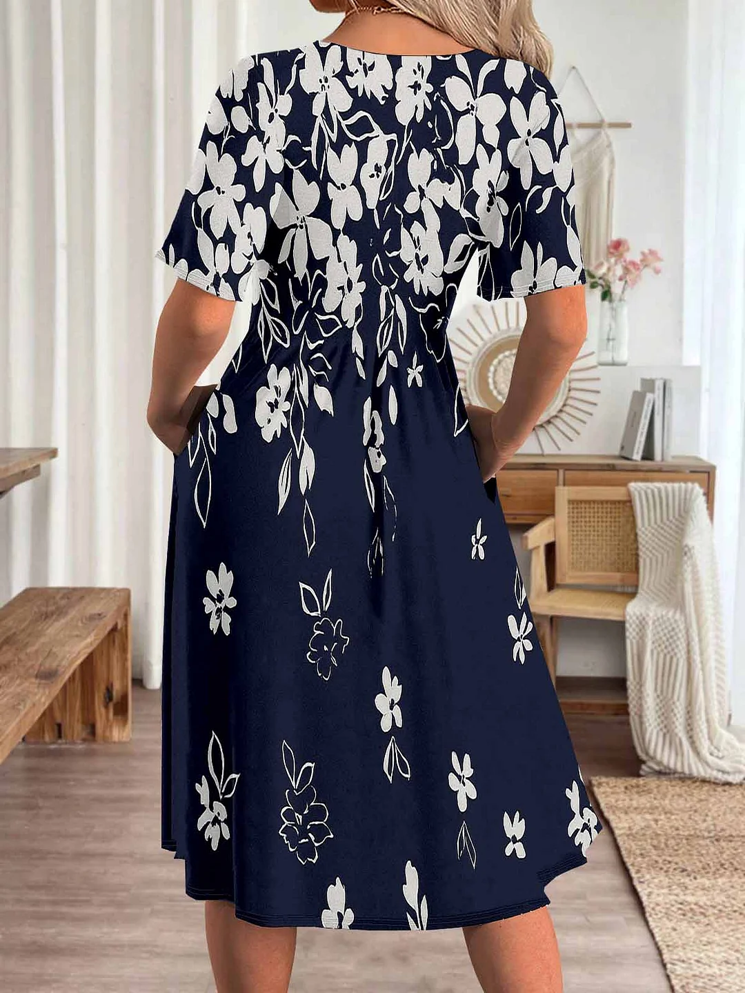 Women Floral,Blue DZHA8274 Short Sleeve Scoop Neck Graphic Printed Hollow Midi Dress