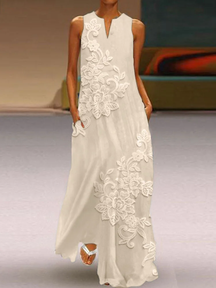 Vintage Floral Lace Embroidered Flowy Maxi Dress