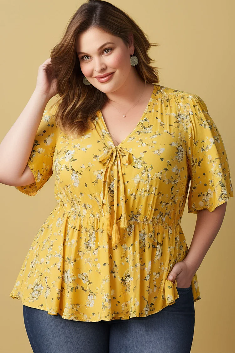 Flycurvy Plus Size Everyday Yellow Ditsy Floral Print Lace-up Babydoll Blouse  Flycurvy [product_label]