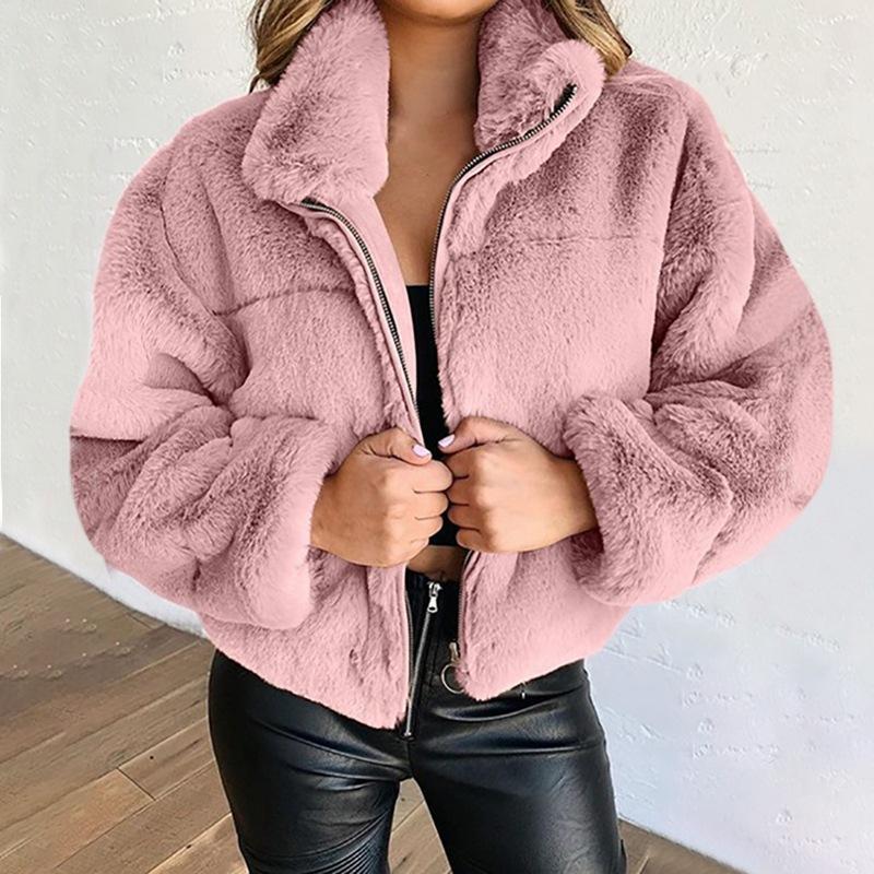  thdmladies Solid Color Warm Plush Zipper Coats thedmladies