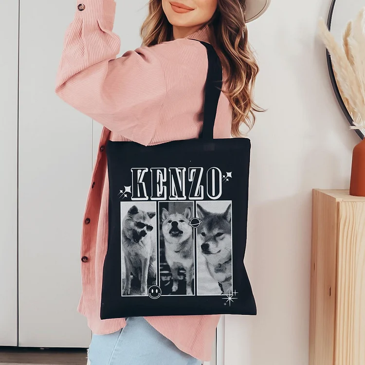 Y2K Vintage Custom Pet Portrait Tote Bag - Personalized Photo & Name Tote for Travel & Shopping