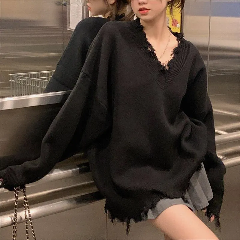 Churchf Churchf New Autumn-Winter 2023 V-Neck Sweater Female Loose Long Sleeve Lazy Wind Jacket Sweater Niche Style Broken Hole Sweater