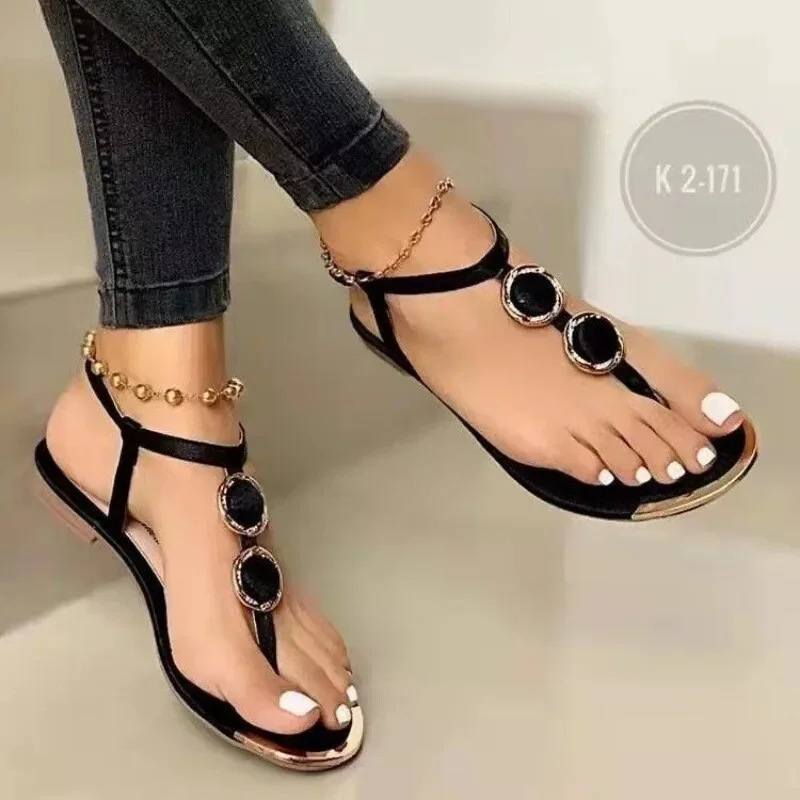 Blankf and The United States Large Size Flat Casual Sandals Women 2024 Summer New Line Buckle Clip Toe Roman Women Sandals