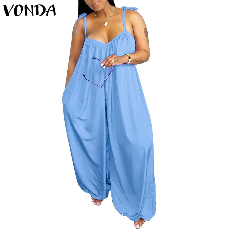 Summer Jumpsuits 2022 VONDA Women Office Wide Leg Pants Female Harem Pants Sleeveless Solid Color V Neck Pleated Long Jumpsuits