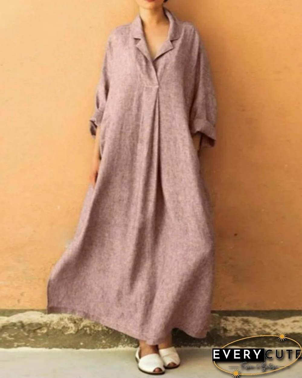 Women Plus Size Solid 3/4 Sleeves Maxi A-line Dress