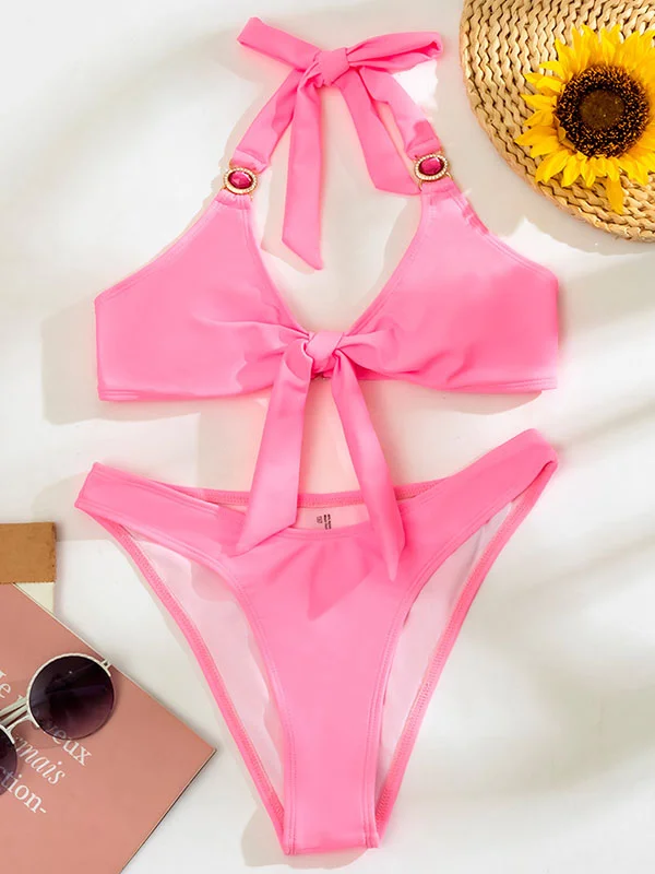 Halterneck Twist Knotted Backless Hipster Bikini Swimwear