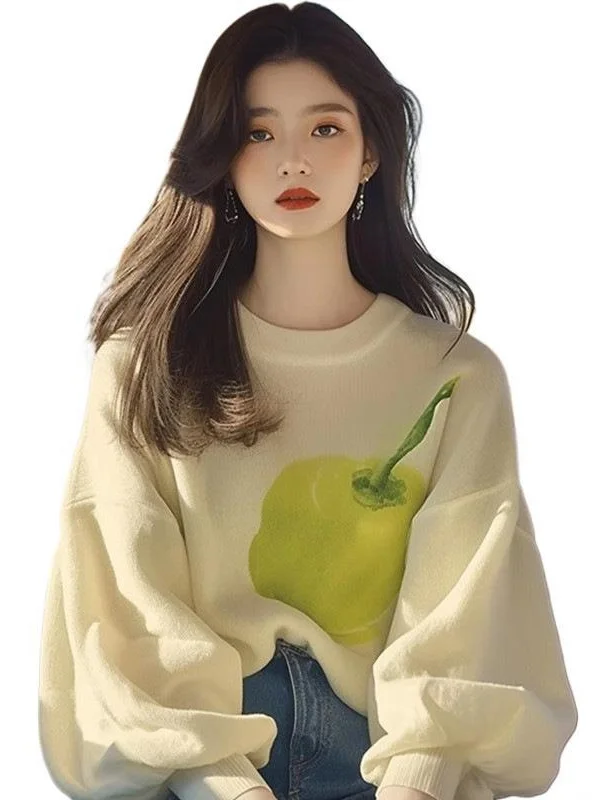 Athvotar Athvotar Year's Popular Beautiful Sweater Niche Loose Thin Lazy Wind Apricot Print Knitted Bottom Shirt Woman