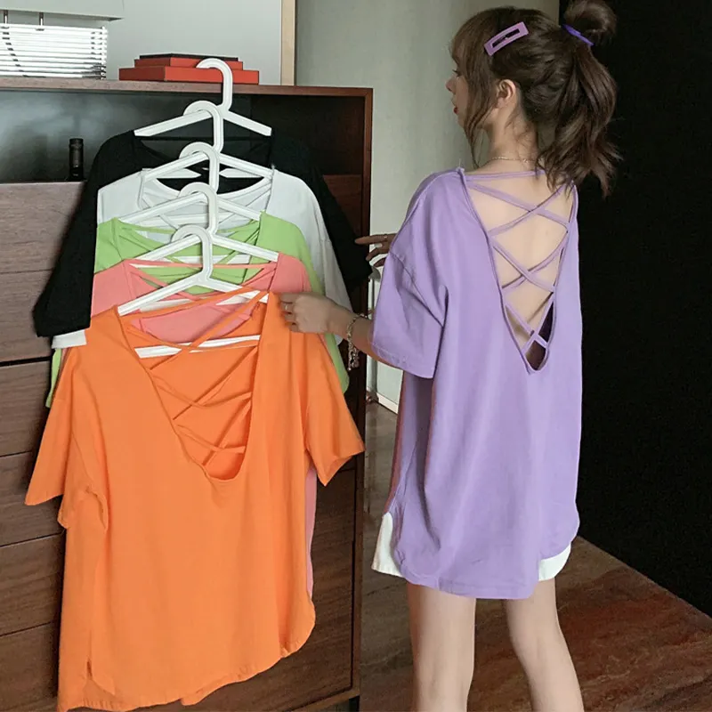 Backless Pure Color Loose T-Shirt