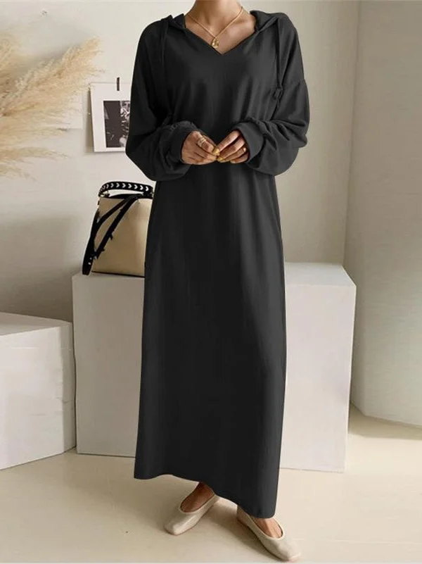 Women's Long Sleeve Hooded Solid Color Maxi Dress