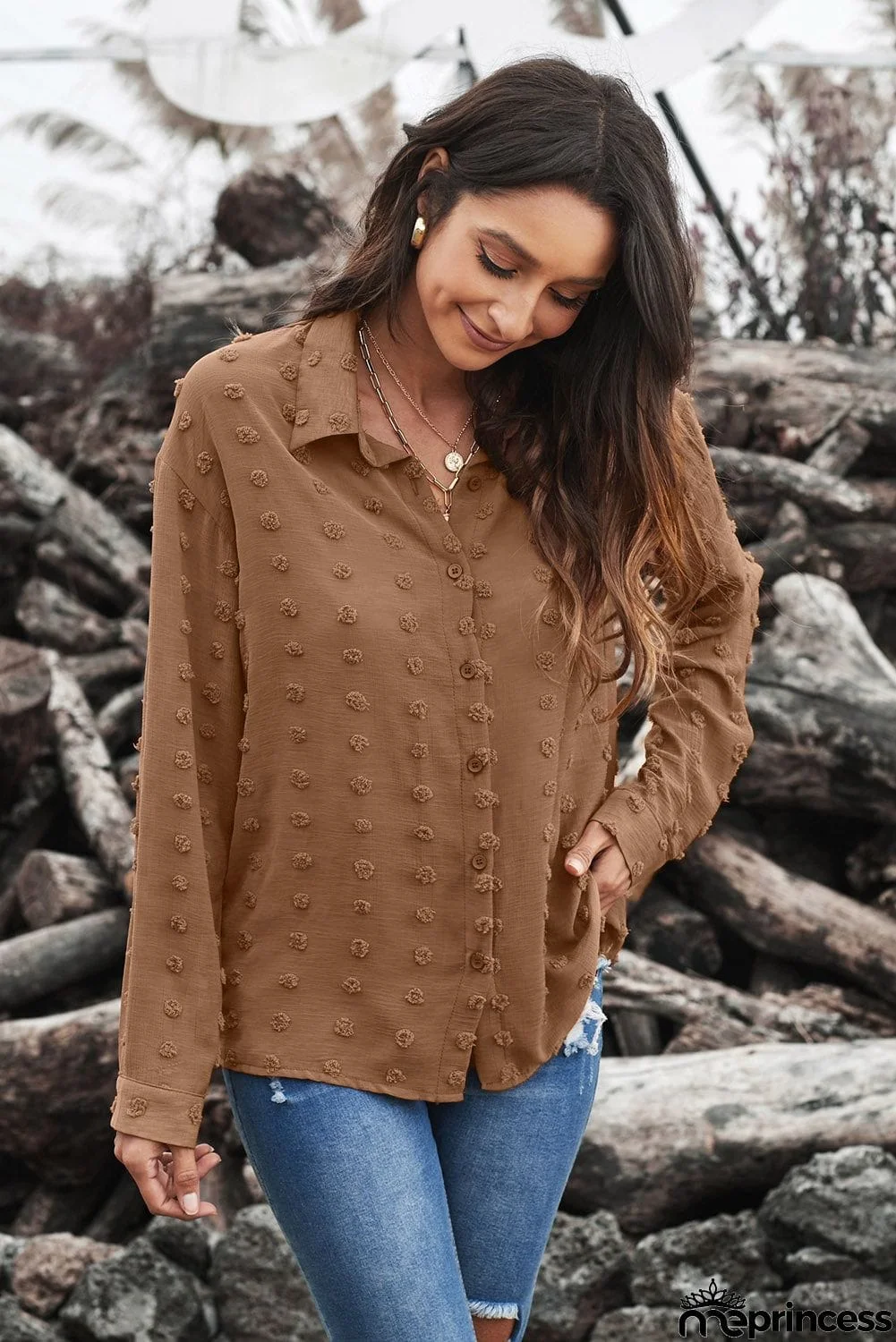 Brown Long Sleeve Button Fuzzy Polka Dot Shirt