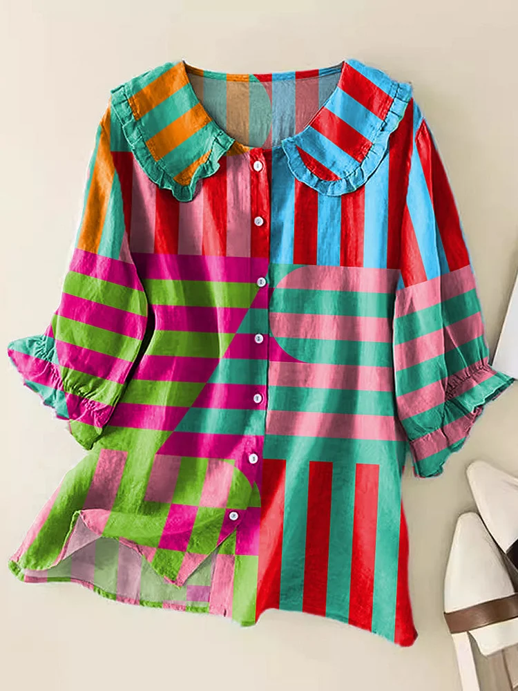 Women's Geometric Pattern Art Print Casual Peter Pan Collar Cotton Shirt