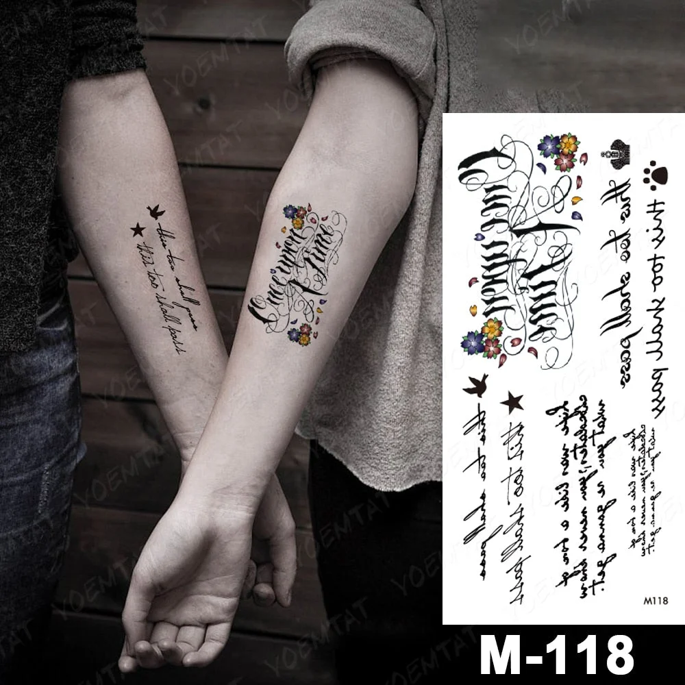Handwriting Font Waterproof Temporary Tattoo Sticker Text Word Chicano Lettering Body Art Arm Wrist Fake Tatoo For Women Men