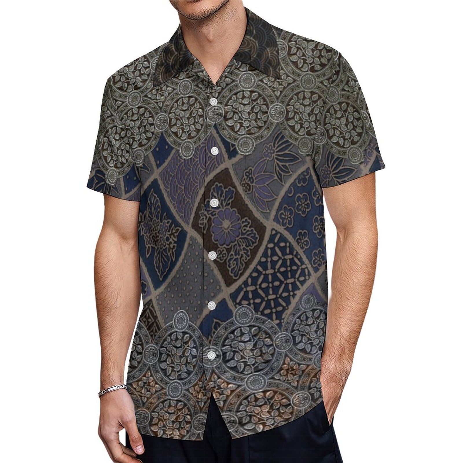 Traditional Japanese Royal Silk Hawaiian Shirt Mens Button Down Plus Size Tropical Hawaii Beach Shirts