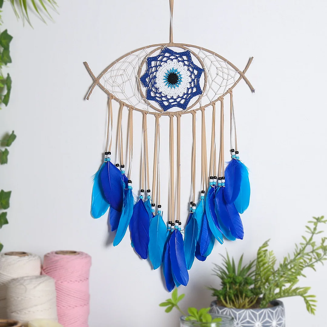 Evil Eye Dream Catcher Boho Room Decor Handmade Eye Wall Decor Blue Feather Dreamcatcher Wall Hanging Wall Art Living Room Gift