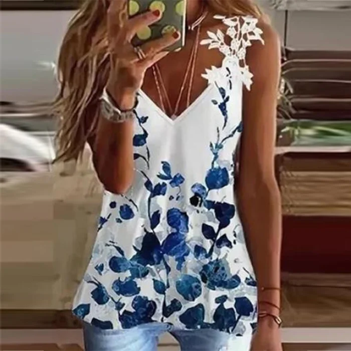 Women's V-neck Casual Lace Floral Print T-shirt