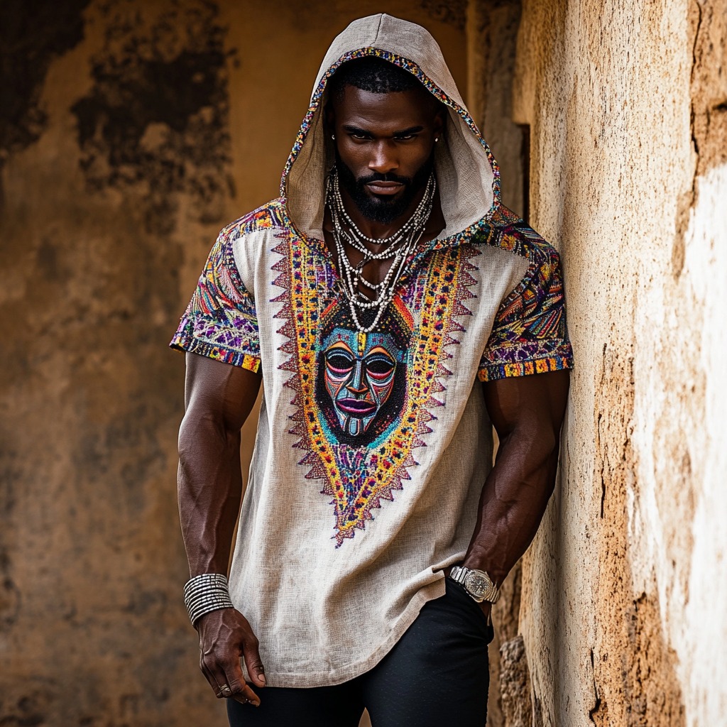 Men's Tribal African Masks Ethno Geometry Art Linen Hooded T-shirt