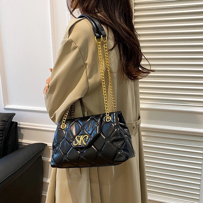 Women’s Pu Leather Letter Lingge Elegant Sewing Thread Square Flip Cover Crossbody Bag