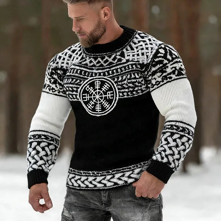 Men's Retro Viking Vegvisir Symbols Pattern Knit Sweater