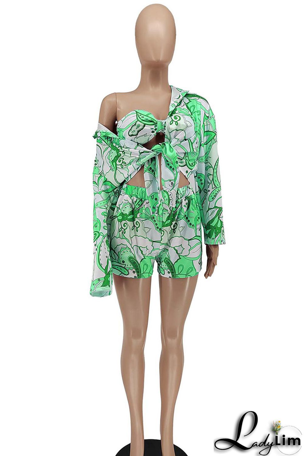 Green Fashion Sexy Print Patchwork Turndown Collar Long Sleeve Three Pieces