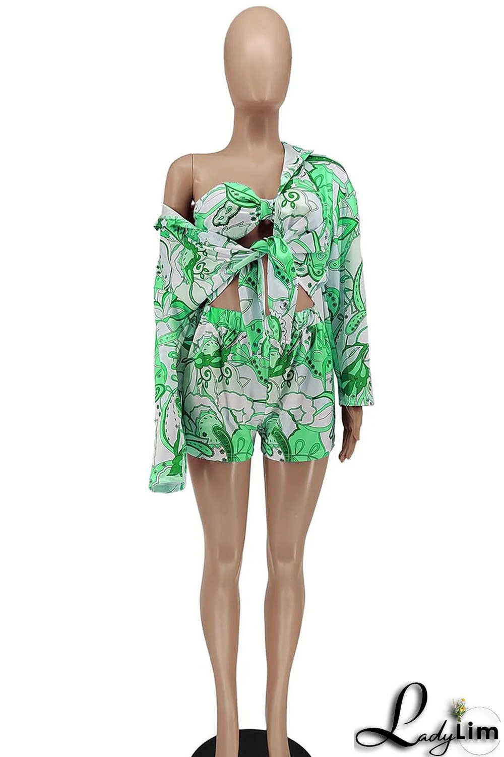 Green Fashion Sexy Print Patchwork Turndown Collar Long Sleeve Three Pieces