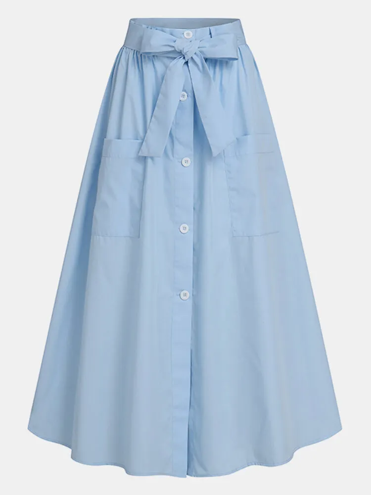 Solid Color Button Pocket Knotted Long Casual Skirt for Women