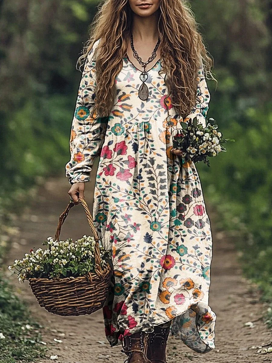 Women's Vintage Floral Art Print Pocket Cotton V Neck Long Sleeve Dress