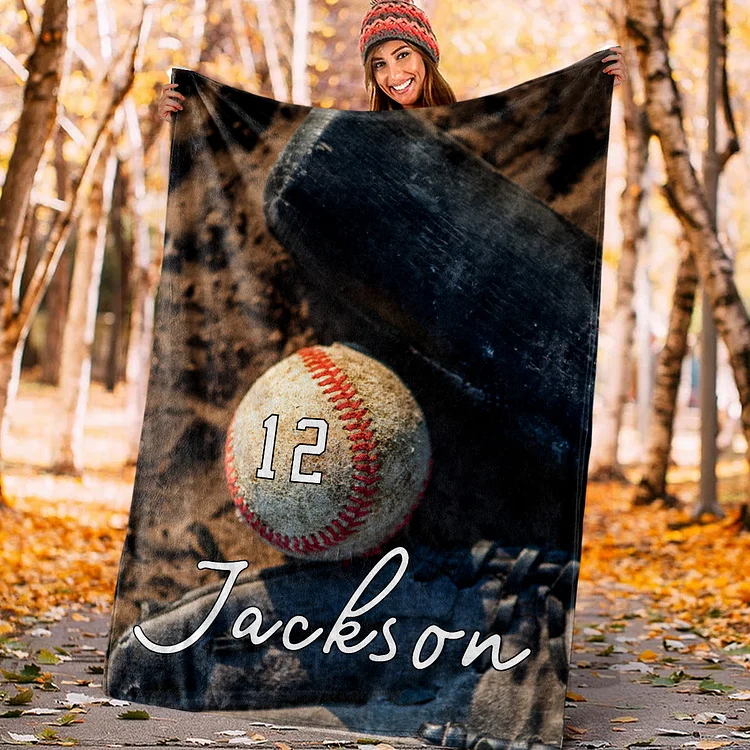 Personalized Baseball Blanket, Sport Theme Blanket with Number and Name Birthday Team Gift for Athletes Sport Lovers | BKKid737